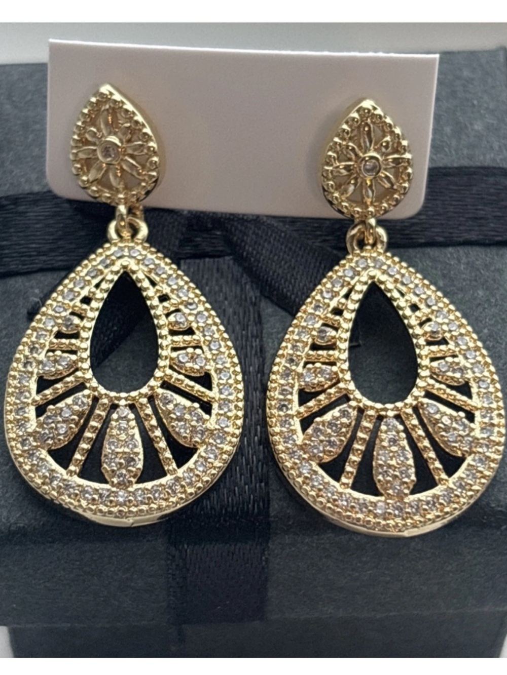 Gold Plated Teardrop Filigree CZ Drop Earrings Statement Bridal Formal